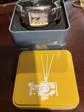 Fossil Silver Tone Stainless Steel Watch with Rectangular Dial